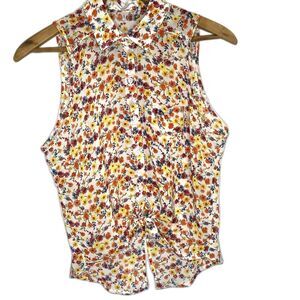 AMBIANCE APPAREL Blouse Sleeveless Sheer Tie Hi-Low Ditsy Floral Womens S White